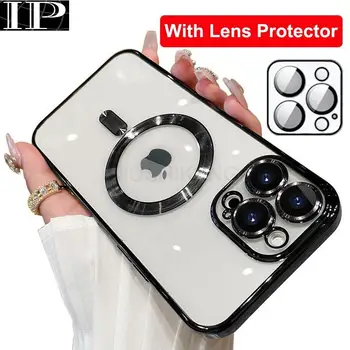 IPhone uchun 15 Magsafe magnit qoplama ishi uchun kamera Lens Protector shisha bilan Pro 14 13 12 11 Pro Max simsiz zaryadlash qopqoqni