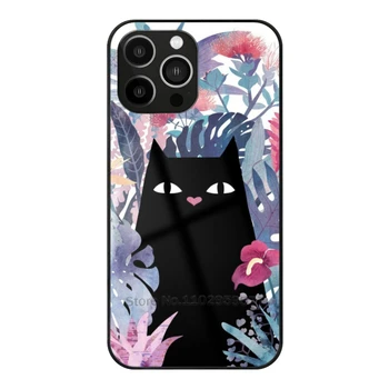 IPhone uchun Popoki Pastel shisha Case 14 13 Pro 11 12 7 8 Plus Xr X Xs Max 6s 5s Temperli telefon qopqoqni mushuk qora mushuk Kitty Gavayi