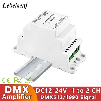 Yangi DIN temir yo'l DMX LED Signal kuchaytirgich DC 12V 24V 1 uchun 2 DMX512 / 190 standart protokol LED raqamlari Strip chiroqlar Extender Repeater