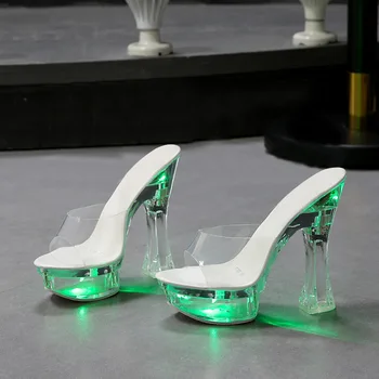 Ayollar sandallari 14cm Heels yorqin terlik kristalli qalin to'pi Nightclub podiumi 10365 seriyali 15cm to'pi LFD