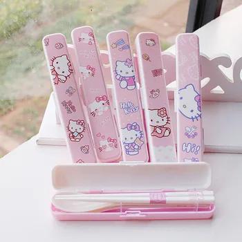 Sanrio Kitty Maishiy Chaqaloq Talaba Portativ Saqlash Idishlari Chopsticks Vilkalar Qoshiqlar To'plami Maktab Ulgurji Mukofotlari Va Sovrinlari