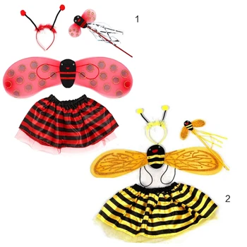 4pcs / Set Kid Fairy Costume Sozlash Ladybird Bee Glitter yoqimli qanot chiziqli qatlamli Tu