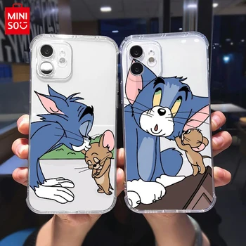 IPhone uchun MINISO multfilm Tom va Jerry o'ynash telefon hollari 14 11 12 13 Pro MAX Mini 7 8 Plus XR XS TPU shaffof qopqoqni qobiq